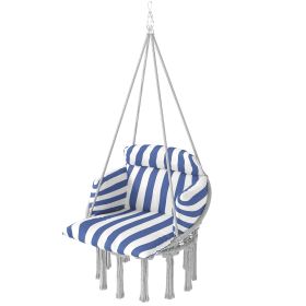 Hammock Swing Chair, Macrame Hanging Chair with Large Cushion, Chain, Steel Frame for Indoor Outdoor Use, Blue and White
