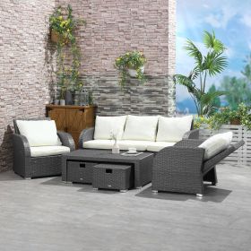 6-Piece Outdoor Rattan Patio Sectional Sofa Set with 3-Seat Couch, 2 Recliners, 2 Ottoman Footrests, & Coffee Table Conversation Set, Cream Whit