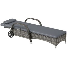 Outdoor Chaise Lounge, 5-Level Adjustable Backrest Rattan Pool Lounge Chair with Wheels, Cushion & Headrest, Gray