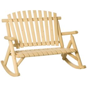 Outdoor Wooden Rocking Chair, Double-Person Rustic Adirondack Rocker with Slatted Seat, High Backrest, Armrests for Patio, Garden and Porch, Nat