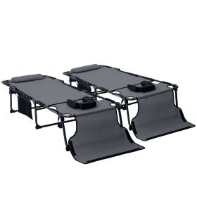 2 Piece Folding Chaise Lounge Pool Chairs with 5-level Reclining Back, Reading Hole, Side Pocket, Gray