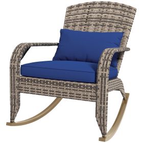 Adirondack Chair, Outdoor Wicker Rocking Chair with High Back, Seat Cushion, and Pillow for Porch, Balcony, Dark Blue