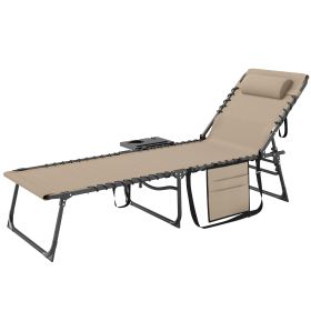 Folding Outdoor Chaise Lounge Chair Tanning Chair with 5-Level Adjustable Back, Side Table, Pillow, Pocket, Beige