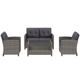 4 Piece PE Rattan Wicker Patio Furniture Set with Two-tier Coffee Table and Cushions, Charcoal