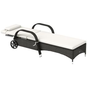 Outdoor Chaise Lounge, 5-Level Adjustable Backrest Rattan Pool Lounge Chair with Wheels, Cushion & Headrest, Cream