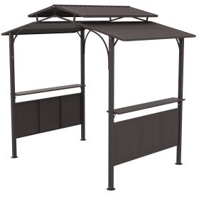8'x5' BBQ Grill Gazebo, Outdoor Double Tiered Interlaced Polycarbonate Roof with Steel Frame, 2 Side Shelves, Brown