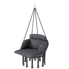Hammock Swing Chair, Macrame Hanging Chair with Large Cushion, Chain, Steel Frame for Indoor Outdoor Use, Dark Gray