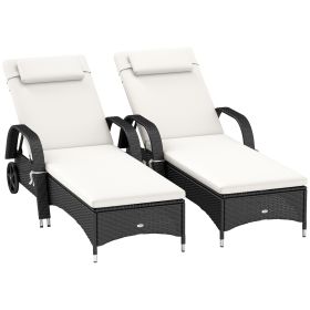 2 Reclining Chaise Lounge Chairs, Rolling Outdoor Chairs with Cushion, Pillow, Headrest, Armrests, and Wheels, Cream