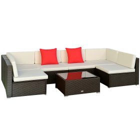 7 Piece Outdoor Patio Furniture Set, PE Rattan Wicker Sectional Sofa Set with Couch Cushions, Throw Pillows and Coffee Table, Orange, Cream