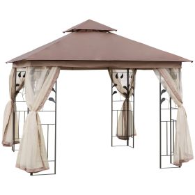  10' x 10' Metal Patio Gazebo, Double Roof Outdoor Gazebo Canopy Shelter with Tree Motifs Corner Frame and Netting, for Garden, Lawn, Backyard, a