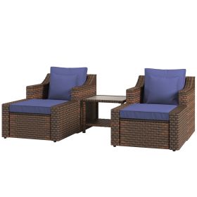 5pc Patio Furniture Set, All Weather PE Rattan Conversation Chair and Ottoman Set w/ Table, Cushion Pillows, Blue