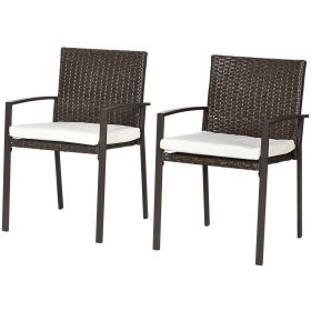PE Rattan Outdoor Dining Chair Set with Cushion, 2 Patio Wicker Dining Chairs with Backrest, Cream White