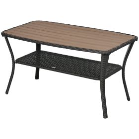 Outdoor Patio PE Rattan Coffee Table with Storage Shelf, Wicker Side Table with Wood-Plastic Composite Top, Mixed Brown