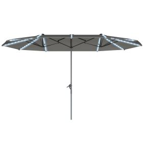 15ft Double-Sided Outdoor Umbrella with Solar Lights, UPF50+ Extra Large Aluminum Patio Umbrella with Crank, Dark Gray