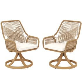 Patio Swivel Chairs Set of 2, Rattan Patio Dining Chairs with Soft Cushions for Backyard, Lawn, Porch, or Garden, Khaki