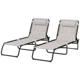 2 Folding Chaise Lounge Pool Chairs with 4-Position Reclining Back, Pillow, Breathable Mesh & Bungee Seat, Dark Blue