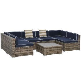 7-Piece Outdoor Wicker Patio Sofa Set, Modern Rattan Conversation Furniture Set with Cushions, Pillows and Tea Table - Blue