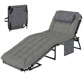 Folding Chaise Lounge Pool Chair with 4-level Reclining Back, Cushion, Side Pocket, Headrest, Gray