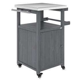 Outdoor Grill Cart with Stainless Steel Top, Solid Wood Outdoor Kitchen Island with Wheels, Integrated Hole, Dark Gray