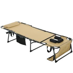 Folding Chaise Tanning Lounge Chair w/ 5-level Reclining Back, Reading Hole, Side Pocket, Headrest, Beige