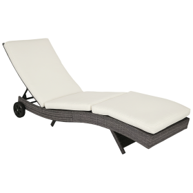 Wicker Chaise Lounge Chair Outdoor PE Rattan Cushioned Patio Sun Lounger with 5-Level Adjustable Backrest & Wheels for Easy Movement, Cream Whit