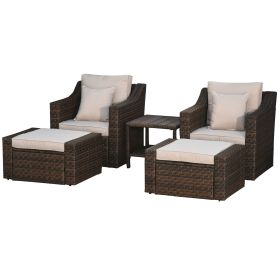 5pc Patio Furniture Set, All Weather PE Rattan Conversation Chair and Ottoman Set w/ Table, Cushion Pillows, Beige