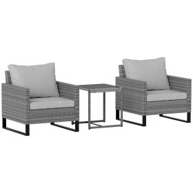 3PCS Patio Set, Wicker Bistro Set with Cushions, Rattan Chairs, Glass Coffee Table for Backyard, Porch, Balcony, Gray