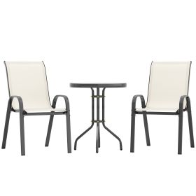 3 Pieces Bistro Set, Small Patio Furniture Set with Stackable Chairs and Glass Table for Backyard, Balcony, Beige