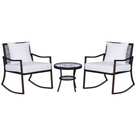3 Piece Patio Rocking Bistro Set, Outdoor PE Rattan Wicker Rocking Chairs with Cushioned, Pillows, Two-Tier Glass Storage Shelf Coffee Table, Cr