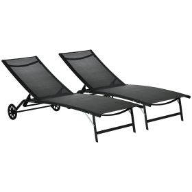 Chaise Lounge Outdoor, 2 Piece Lounge Chair with Wheels, Tanning Chair with 5 Adjustable Positions for Patio, Beach, Yard, Pool, Black