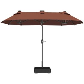 Double-sided Outdoor Patio Umbrella with Solar Lights and Base, Dining Table Umbrella Push Button Tilt, Coffee