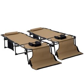 2 Piece Folding Chaise Lounge Pool Chairs with 5-level Reclining Back, Reading Hole, Side Pocket, Beige