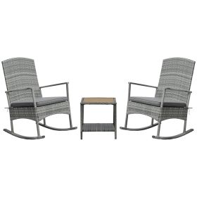 3 Piece Outdoor PE Rattan Rocking Chair Set, Patio Wicker Recliner Rocker Chair with Soft Cushion & Nature Wood Top Coffee Table, Gray