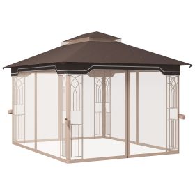 10' x 12' Patio Gazebo Outdoor Canopy Shelter with Double Tier Roof and Nettings for Garden Lawn Backyard Deck, Brown