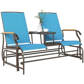 Outdoor 2-Person Glider Bench, Outside Glider Swing Chair Loveseat with Table, Steel Frame, Blue