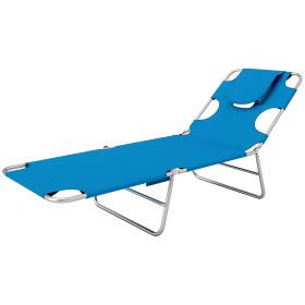 Folding Outdoor Chaise Lounge Sun Tanning Chair with Face Cavity, Pillow, 5-level Adjustable for Beach, Pool, Light Blue