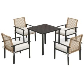 5 Pieces Outdoor Dining Set for 4, Wicker Rattan Patio Furniture Set, Patio Table and Chairs Set with Cushions, Square Metal Table Top, Conversa