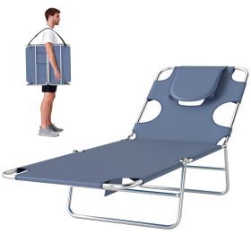 Folding Outdoor Chaise Lounge Sun Tanning Chair with Face Cavity, Pillow, 5-level Adjustable for Beach, Pool, Gray