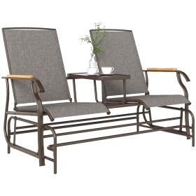 Outdoor 2-Person Glider Bench, Outside Glider Swing Chair Loveseat with Table, Steel Frame, Light Mixed Brown