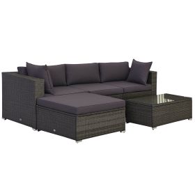 5-Piece Outdoor Sectional Furniture, Patio Sofa Set, PE Wicker Couch, Cushions, Pillows, Ottoman, Table, Charcoal