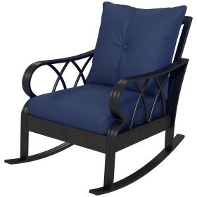 Outdoor Wicker Rocking Chair with Padded Cushions, Aluminum Furniture, Rattan Porch Rocker Chair w/ Armrest, Navy Blue