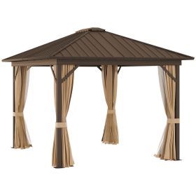 10' x 12' Hardtop Gazebo with Curtains and Netting, Permanent Pavilion Metal Single Roof Gazebo Canopy with Aluminum Frame and Hooks, for Garden
