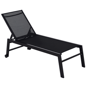 Outdoor Chaise Lounge with Wheels, Five Position Recliner for Sunbathing, Suntanning, Steel Frame, Breathable Fabric for Beach, Yard, Patio, Bla