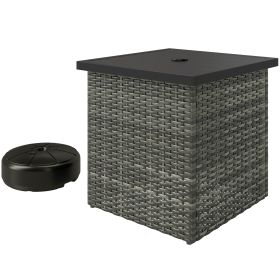 Wicker Side Table with 1.5" Umbrella Hole, Square Outdoor End Table with UV-Resistant Frame, Storage Space, Mixed-Gray