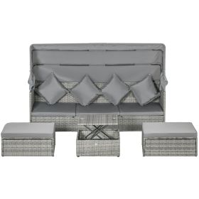 4 Piece Adjustable Canopy Outdoor Rattan Sofa Set w/ Height Adjustable Coffee Table & Cushions, Light Gray