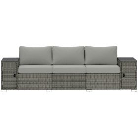 3 Seater Wicker Outdoor Couch Patio Sofa with Storage, Thickened Cushions and Wide Armrests for Porch Yard, Gray
