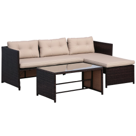 3 Piece Patio Furniture Set, Rattan Outdoor Sofa Set with Chaise Lounge & Loveseat, Soft Cushions, Tempered Glass Table, L-Shaped Sectional Couc