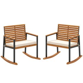 Acacia Wood Outdoor Lawn Rocking Chair Set of 2, Outdoor Patio Rocking Chairs with Armrests, Cushion, Cream White
