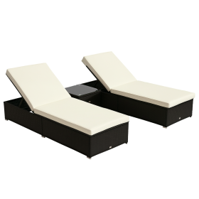 Chaise Lounge Chair Set of 2 with 5 Angle Backrest, Outdoor Coffee Table, Water Repellent Cushions, PE Rattan Wicker Poolside Chairs, 3-Piece Po