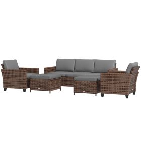 5-Piece Patio Furniture Set with PE Rattan Three-Seater Sofa, Armchairs, Footstools, Cushions, Mixed Brown (Option: Mixed-brown-720x580x580 mm)